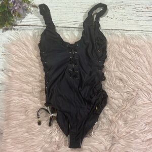NWT House Of CB Indochine Black lush Lace Up One Piece Swimsuit